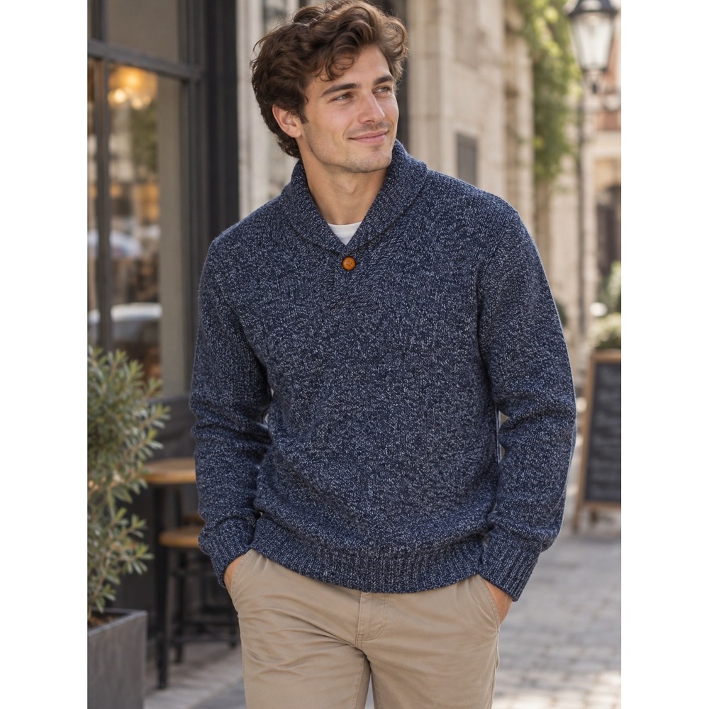 Environmental Clothing Co Shawl Neck Sweater Men Medium Blue Wool Blend Marl